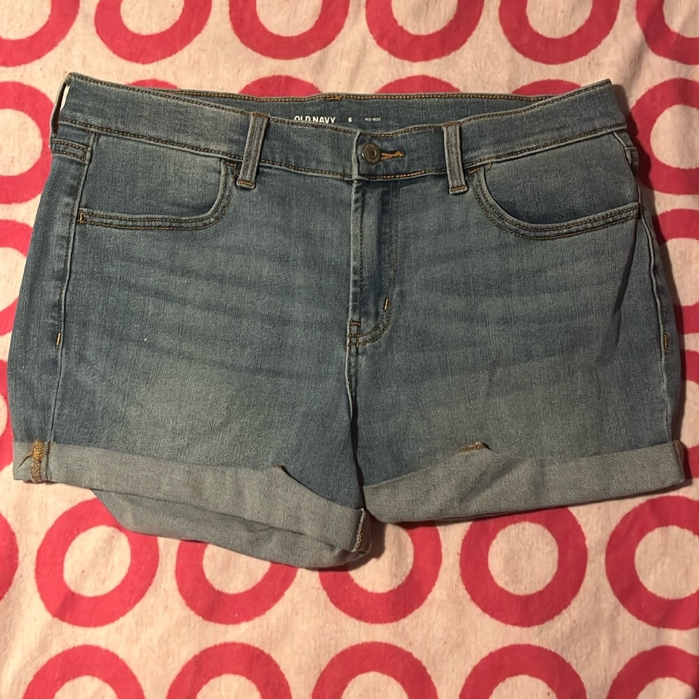 old navy shorts blue white washed women teen size six button and zipper mid rise